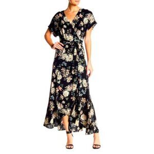 Bobeau Black Floral Short Sleeve Wrap Maxi Dress  Size Large